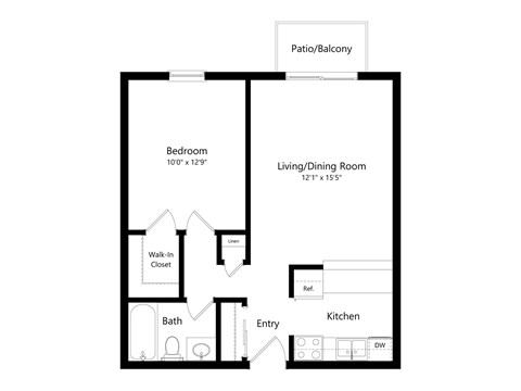 Floor plan for 1 bed, 1 bath, 640 sqft